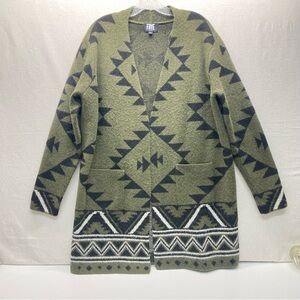 Frye Womens Lrg Aztec Open Front Cozy Cardigan Green Black White Pockets Navajo